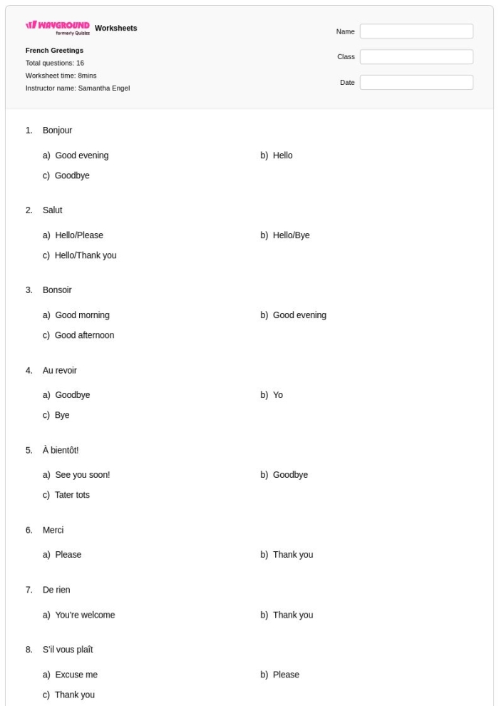 Fourth grade worksheet showing Chris and Yannick teaching common French greetings