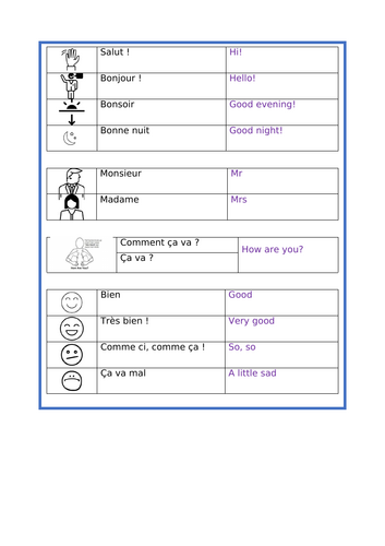 Fourth grade students practicing French greetings with Chris and Yannick on a worksheet