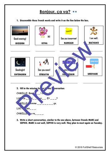 Fourth grade French worksheet featuring Chris and Yannick teaching common greetings