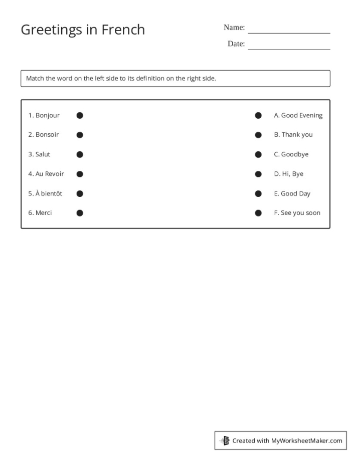 Fourth grade French worksheet showing Chris and Yannick teaching various ways to say hello