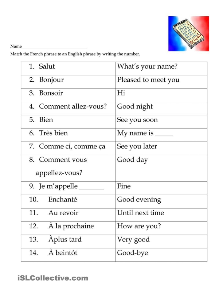 Fourth grade students learning French greetings with characters Chris and Yannick demonstrating hello phrases
