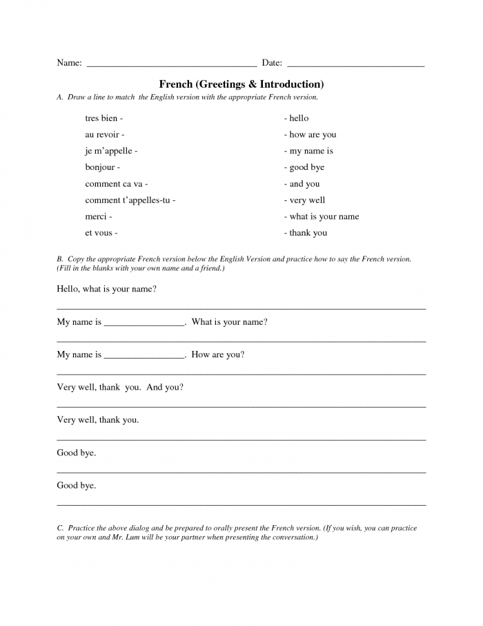 Fourth grade worksheet showing Chris and Yannick teaching French greetings number fourteen