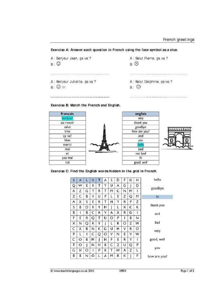 Fourth grade French language worksheet featuring Chris and Yannick teaching greetings