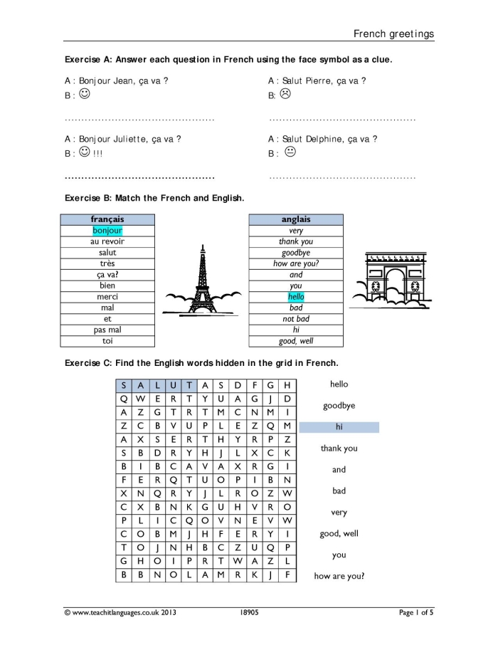 Fourth grade French worksheet featuring Chris and Yannick teaching ways to say hello in French 21
