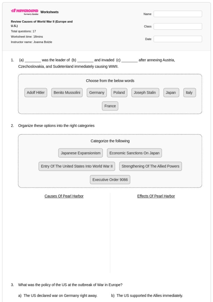 Two-page social studies worksheet on the French and Indian War: Causes and Outcome Worksheet exploring the causes and outcomes of the French and Indian War for sixth graders