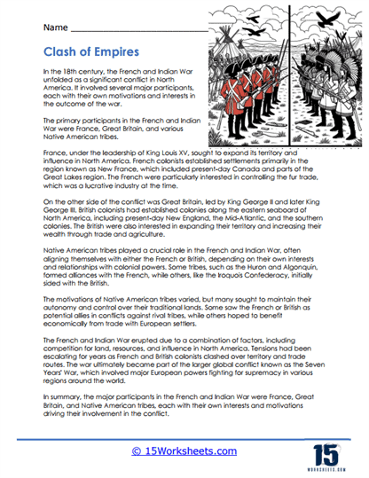 French and Indian War Causes and Outcome Worksheet for Social Studies Worksheet exploring the causes and outcomes of the French and Indian War for sixth graders