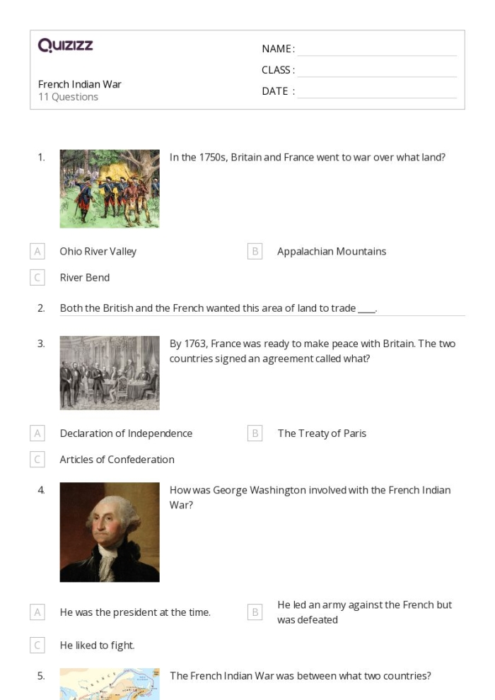 Educational resource on the French and Indian War: Causes and Outcome worksheet Worksheet detailing the causes and outcomes of the French and Indian War for sixth graders