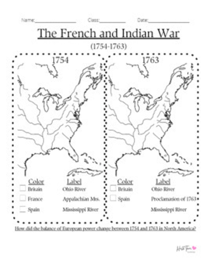 Educational resource for exploring the French and Indian War: Causes and Outcome worksheet Worksheet illustrating the causes and outcomes of the French and Indian War for sixth graders