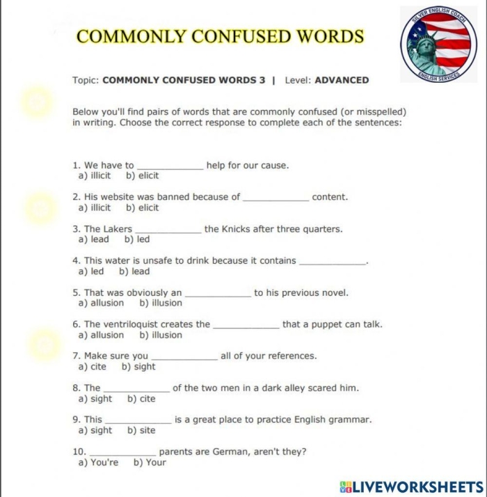 Seventh grade students practicing their skills on a Choose the Correct Frequently Confused Word worksheet