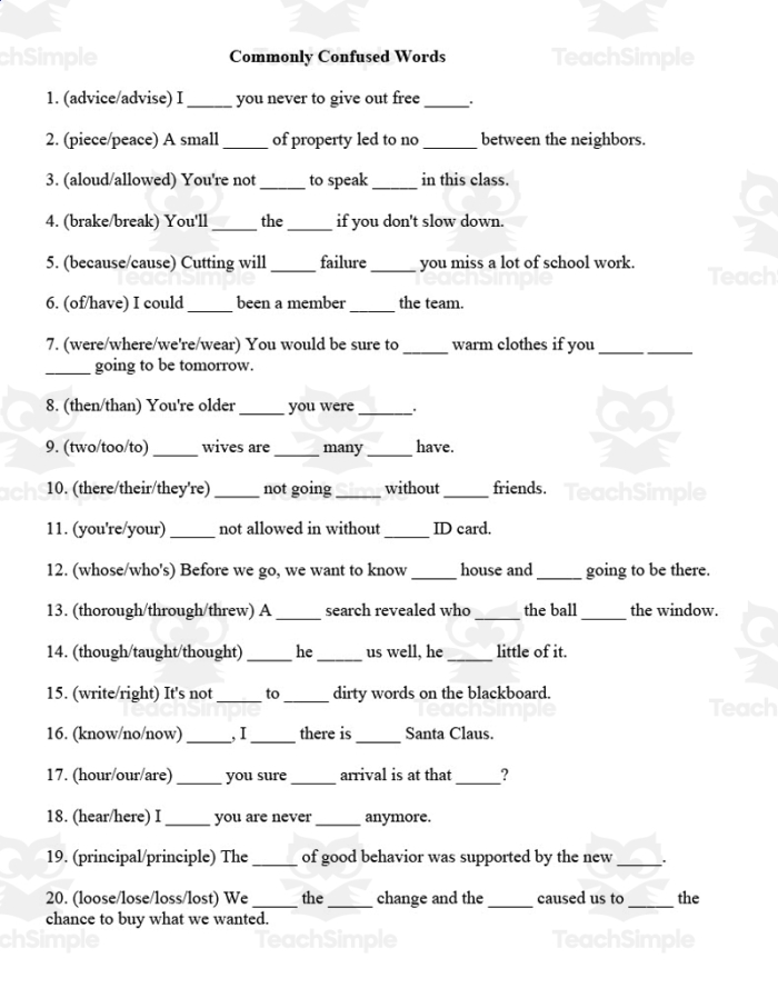 Seventh grade student filling out a worksheet on frequently confused words