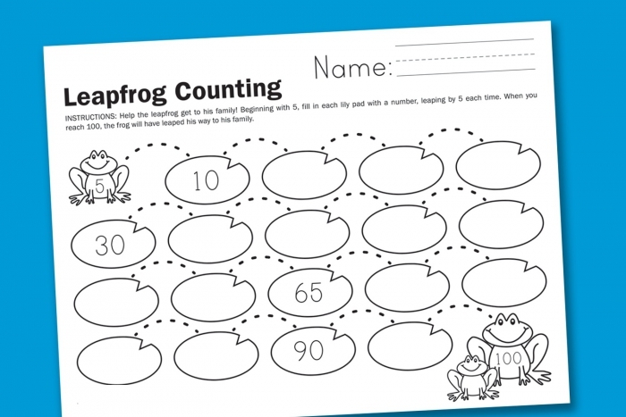 Second grade math worksheet featuring a frog hopping across a number line to practice skip counting by fives