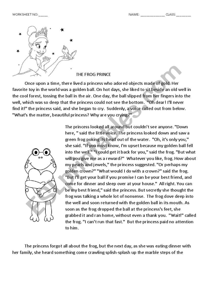 Engaging activity for understanding the story of The Frog Prince Frog Prince worksheet for first graders to enhance reading comprehension skills