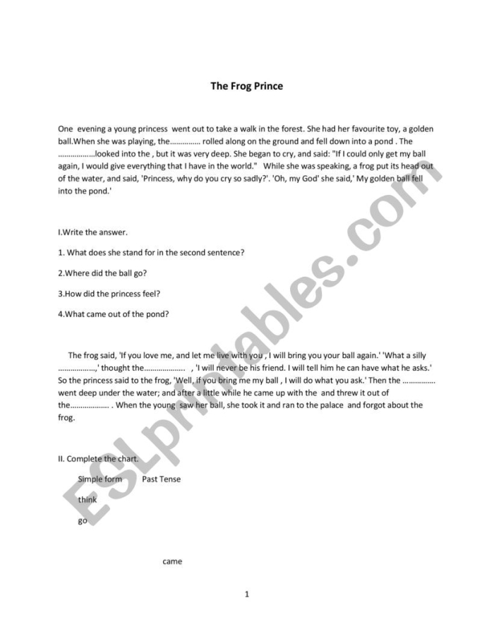 Engaging activity sheet to explore the tale of "The Frog Prince" and decimals Story of the Frog Prince worksheet for first graders to enhance reading comprehension