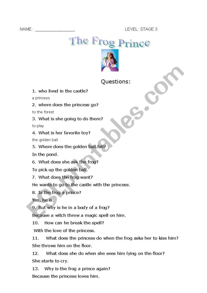 Frog Prince reading comprehension worksheet for decimal practice in first grade Worksheet for the Frog Prince story to enhance first graders' reading comprehension skills