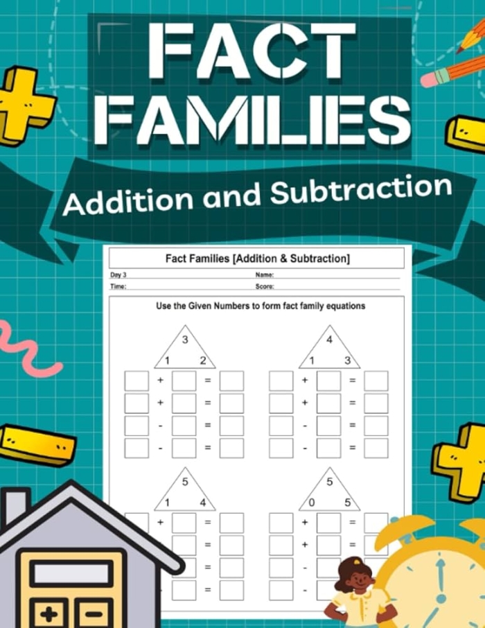 Engaging addition and subtraction fact families worksheet for 1st grade students Frosty Fact Families worksheet for first graders focusing on addition and subtraction practice