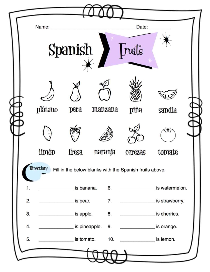 Interactive activity for testing Spanish fruit names and vocabulary skills Fruits in Spanish worksheet for fourth graders to match vocabulary words with images