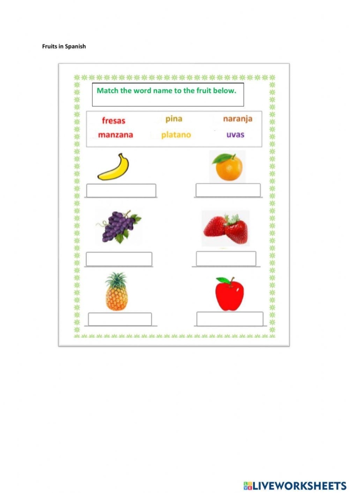 Fruits in Spanish vocabulary exercise for kids to enhance language skills Worksheet for matching fruits with their Spanish names for fourth graders