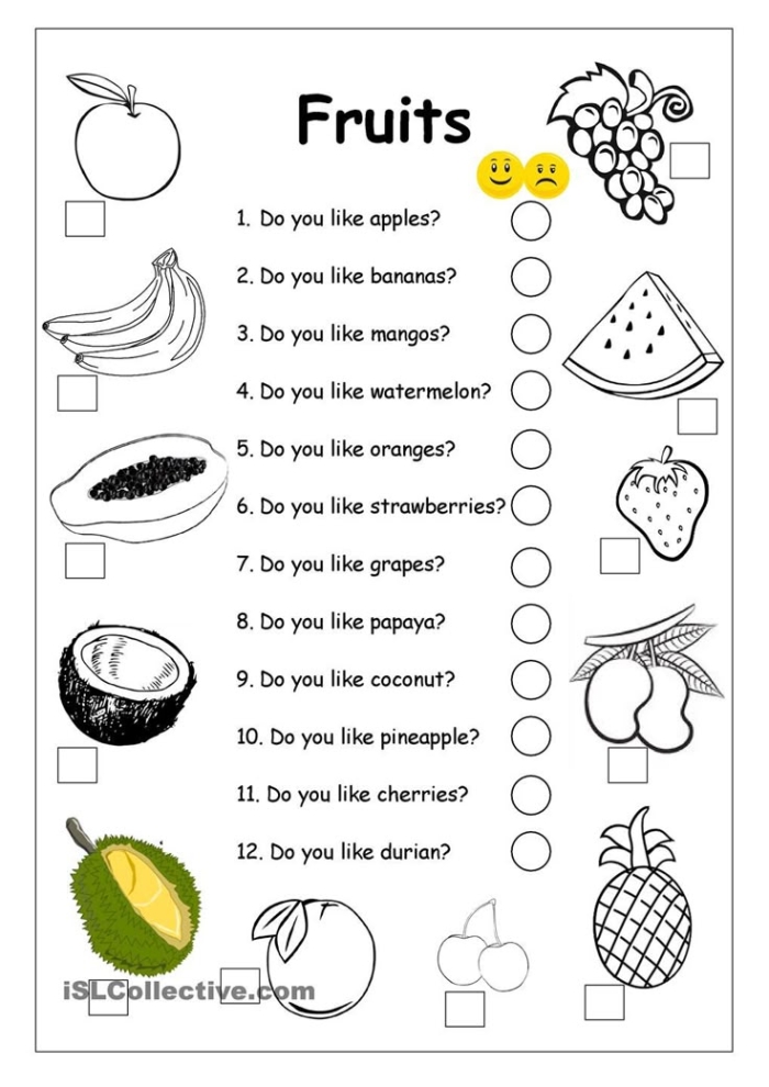 Fruits in Spanish vocabulary practice worksheet for kids Worksheet for matching fruits with their Spanish names for fourth graders