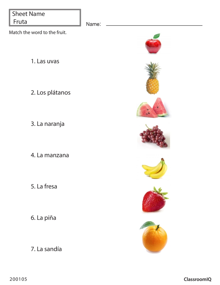 Engaging activity to match fruits with their Spanish names and enjoy a fruit salad Fruits in Spanish worksheet for fourth graders to enhance vocabulary skills