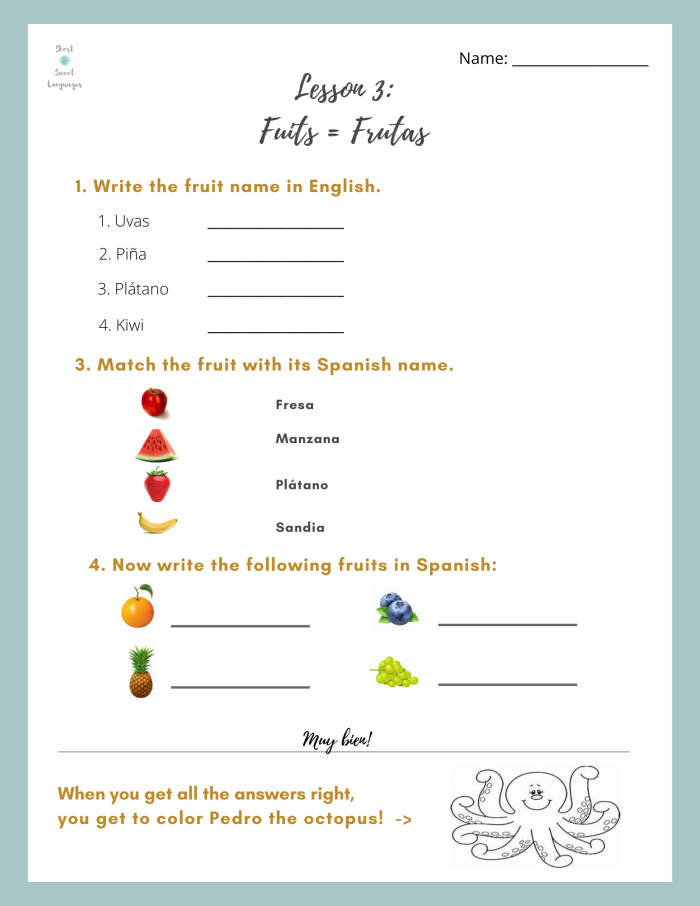 Engaging image illustrating a fruit matching activity in Spanish Fruits in Spanish worksheet for fourth graders to enhance vocabulary skills