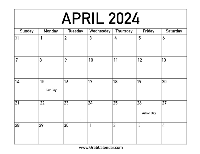 Fun April calendar worksheet for kids to fill in dates and color pictures