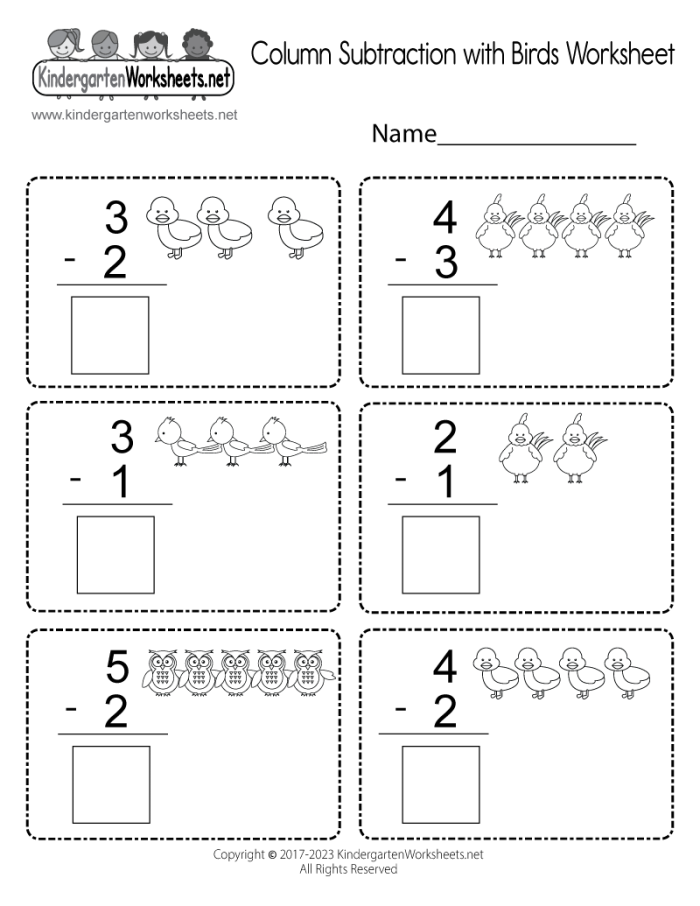 Life Science worksheet for Kindergarten Young children engage in subtraction with colorful birds in this educational worksheet. Fun Bird Subtraction Worksheet for Kindergarten Learners
