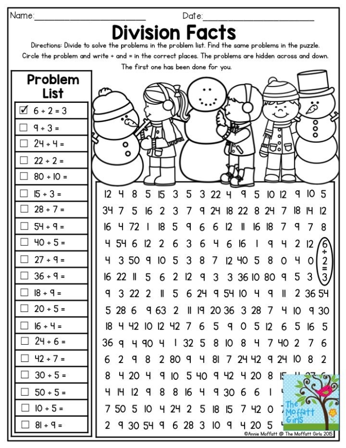 Numbers and Counting worksheet for Third Grade Colorful Fun With Division worksheet for third graders featuring engaging math problems. Discover a hidden phrase as you practice division skills!