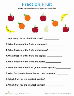 Grammar and Mechanics worksheet for Fourth Grade Colorful apples and oranges decorate this engaging fraction review worksheet for fourth graders. Fun Fraction Fruit worksheet designed to enhance understanding of fractions.