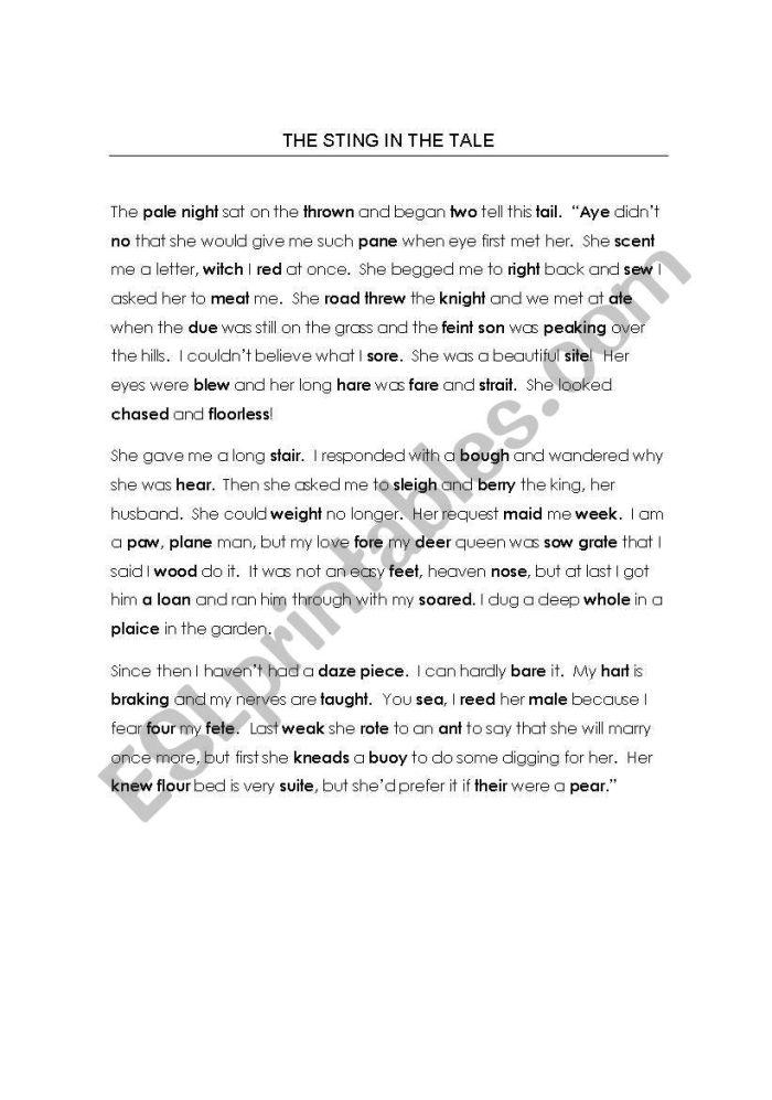 Homophone Story Worksheet featuring a fun monster narrative for third graders