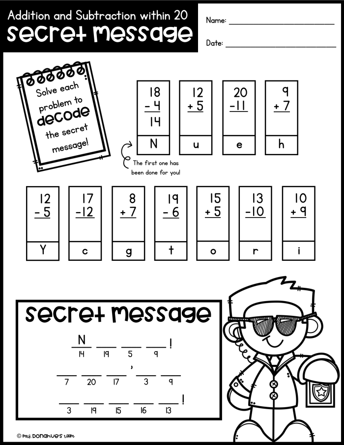 Engaging math challenge to decode eight problems using addition skills Fun Secret Code Math worksheet for fourth graders featuring addition puzzles