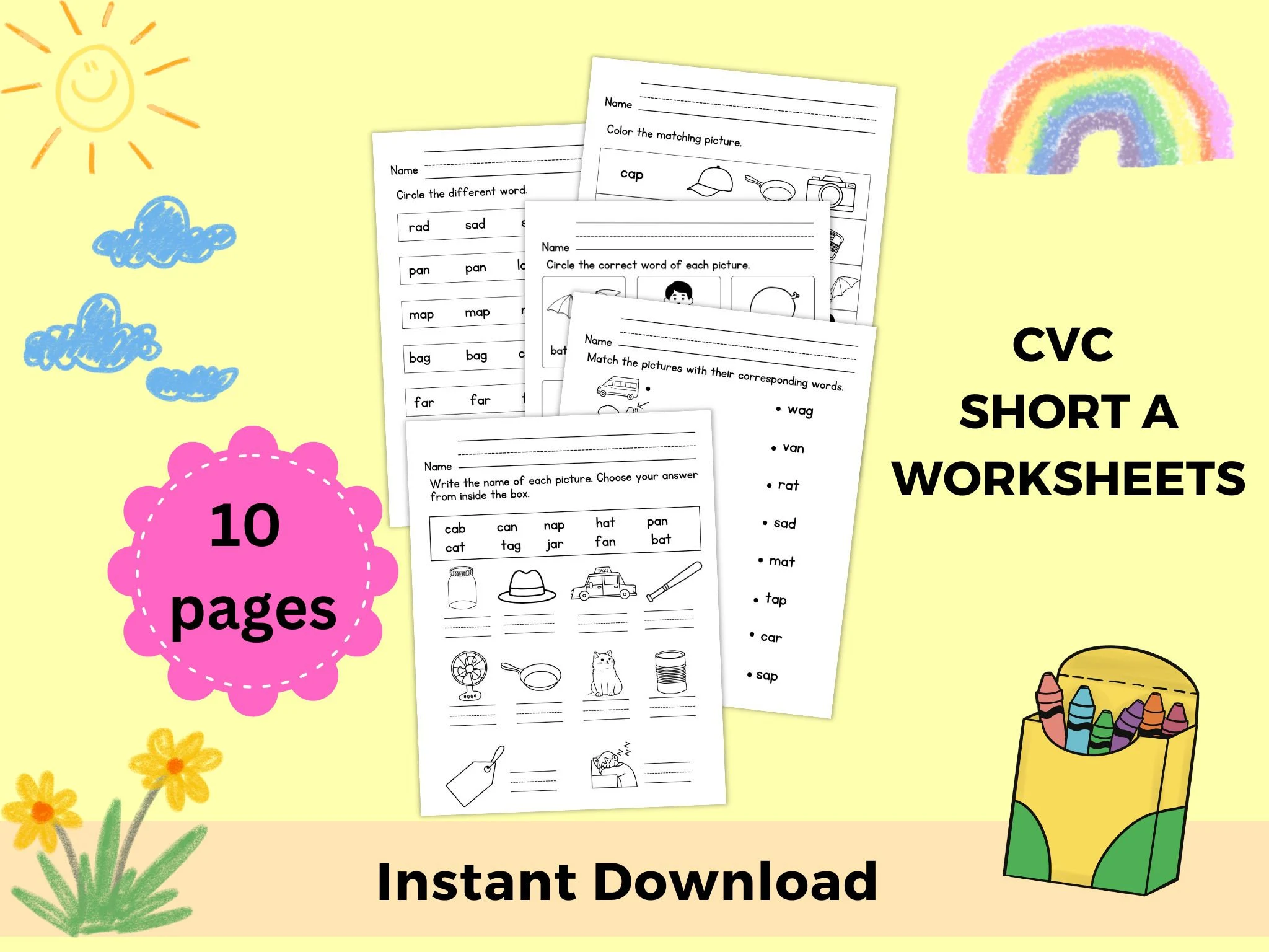 Short A CVC words worksheet featuring playful illustrations of cats, bats, and hats for kindergarten students