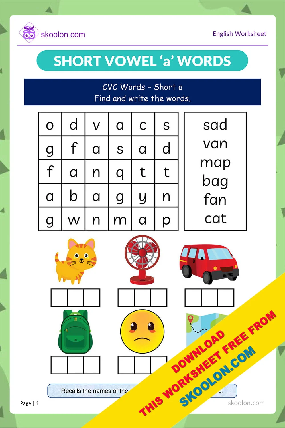 Kindergarten worksheet featuring illustrations of cats and hats to help kids practice writing short A CVC words