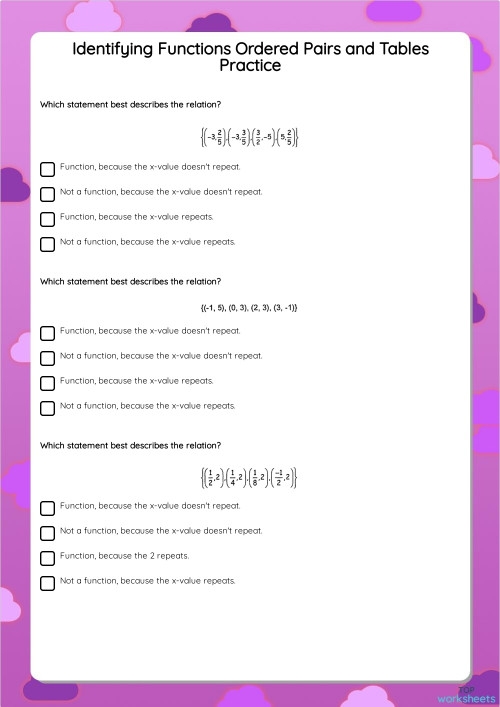 Identify Functions From Ordered Pairs Worksheet 7 Eighth grade math worksheet focusing on determining if sets of ordered pairs represent functions