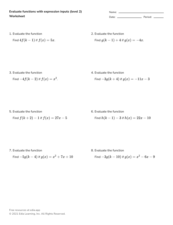 Eighth grade student working through function relation problems on an algebra worksheet