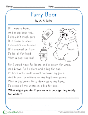 Kindergarten student completing a furry bear worksheet featuring an A.A. Milne reading comprehension poem