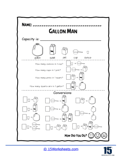 Gallon Man character illustration for understanding measurement units and conversions Gallon Man Printable worksheet for learning volume conversions in third grade math