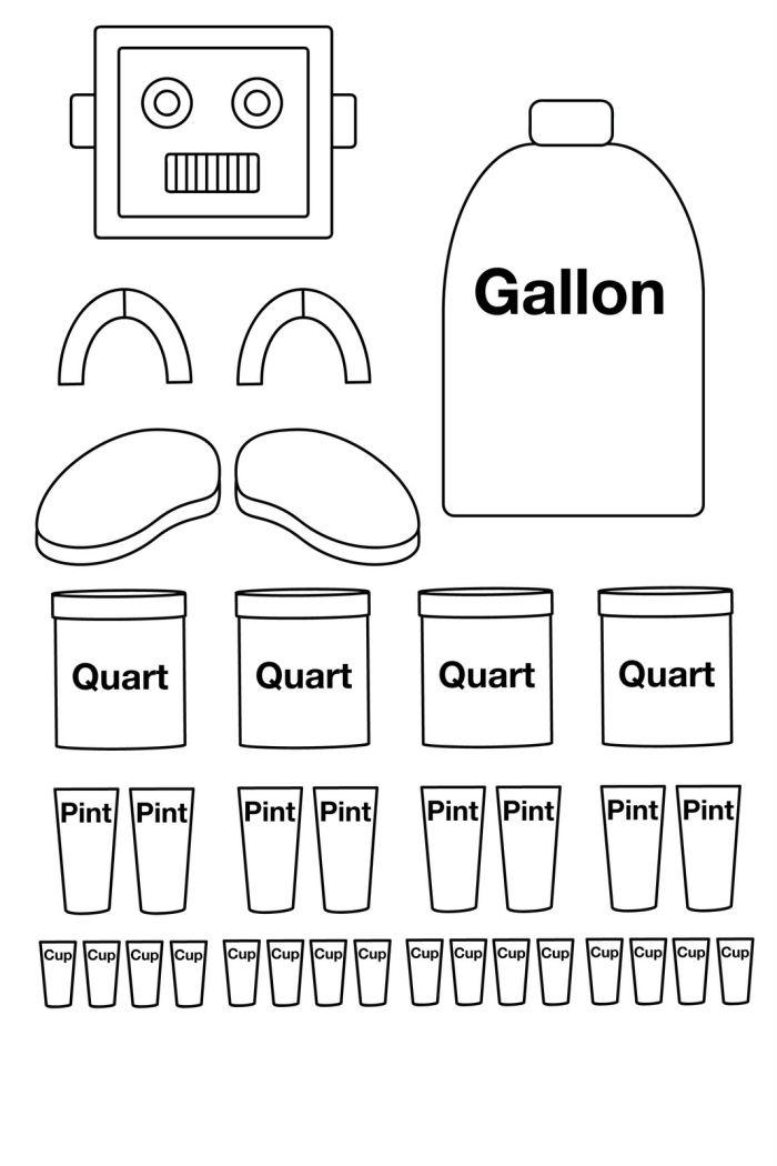 Gallon Man character illustration for understanding gallons, quarts, pints, and cups Gallon Man printable worksheet for teaching measurement conversions in third grade math