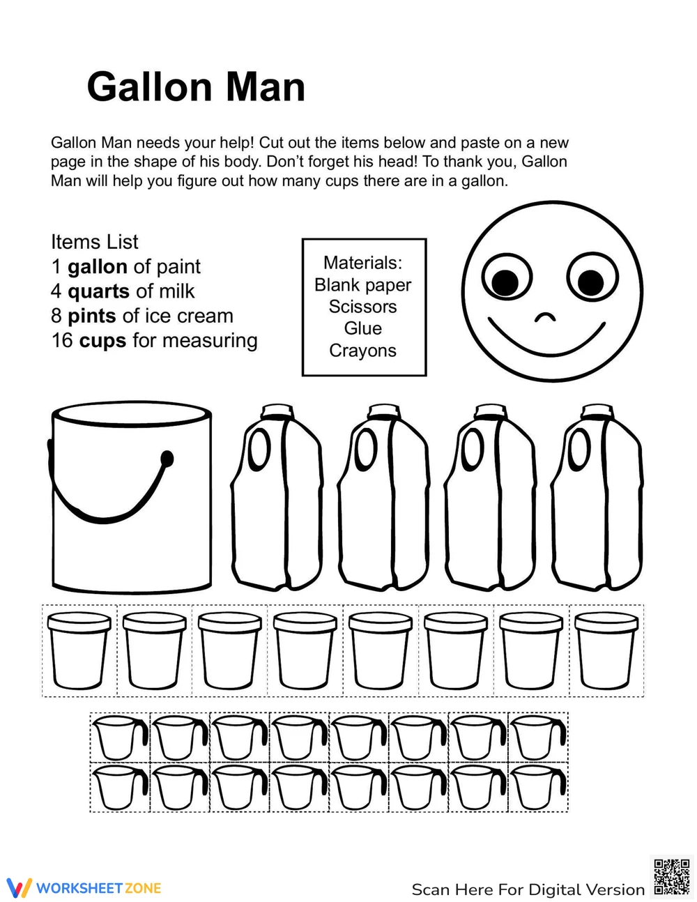 Create your own Gallon Man to visualize quarts, pints, and cups conversions Gallon Man printable worksheet for learning measurement conversions in multiplication