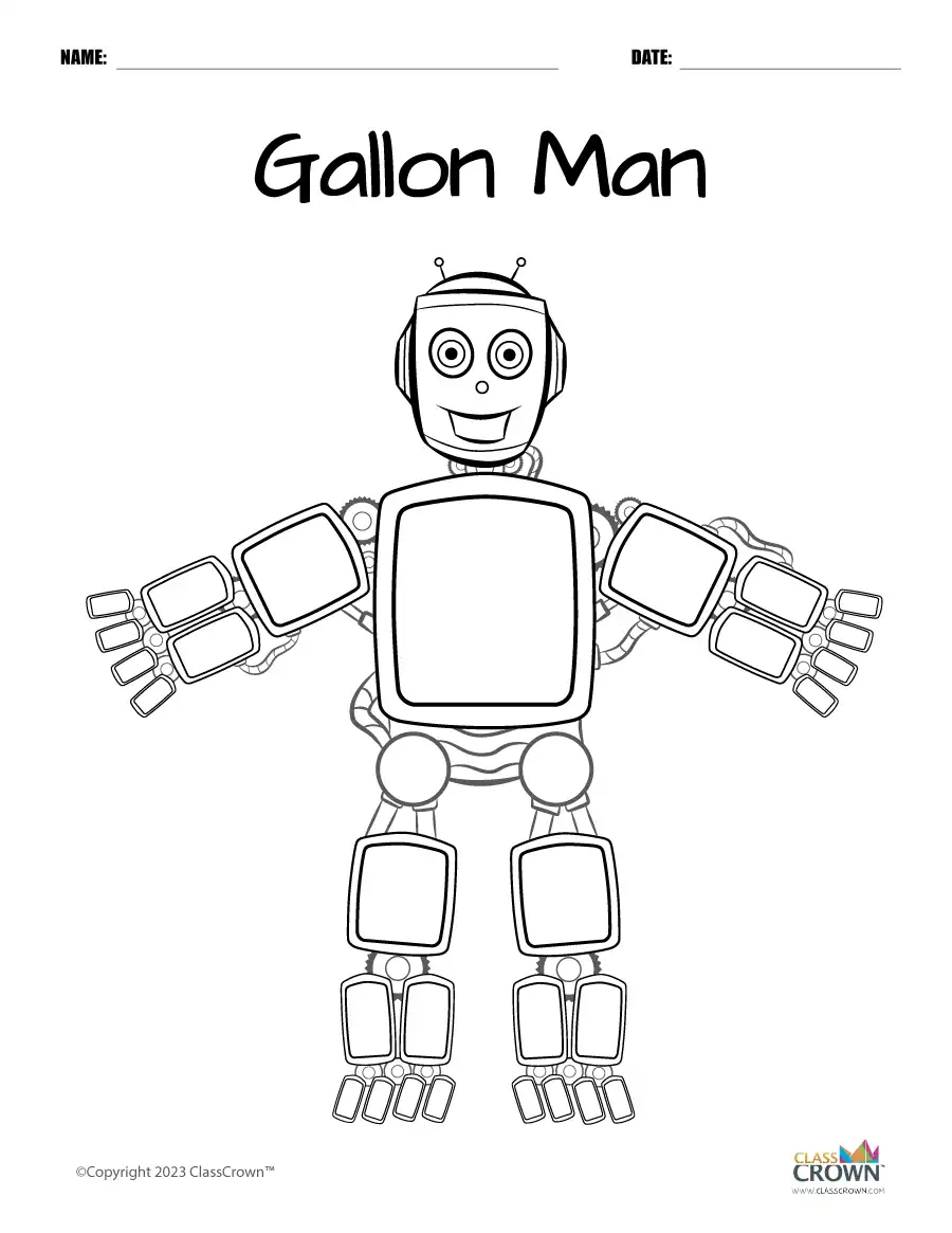 Interactive Gallon Man guide to help students learn about quarts, pints, and cups Gallon Man printable worksheet for visualizing measurement conversions in third grade mathematics