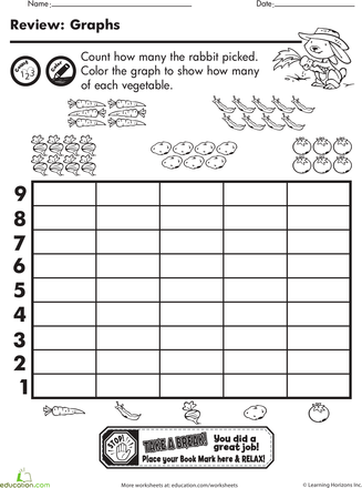 Writing worksheet for First Grade Colorful Garden Graphing worksheet for first graders showcasing a rabbit's vegetable harvest. Fun and educational activity to enhance counting and graphing skills in young learners.