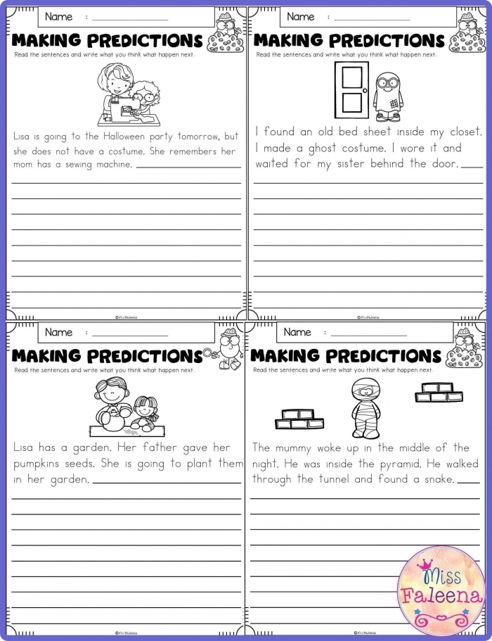 Writing worksheet for First Grade Worksheet illustration for the Garden Power: Predictions activity, designed for first graders. Visual representation of creative writing and drawing tasks in the classroom.