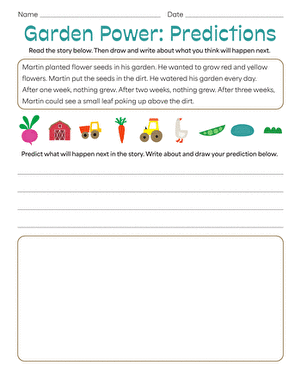 First Grade Garden Power Predictions Worksheet Activity Children engaged in a fun writing activity on the Garden Power Predictions worksheet