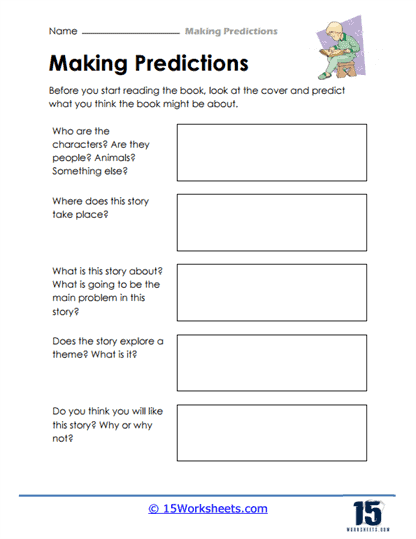 Illustration of the predictions worksheet promoting creativity and storytelling skills Worksheet featuring the "Garden Power: Predictions" activity for first graders
