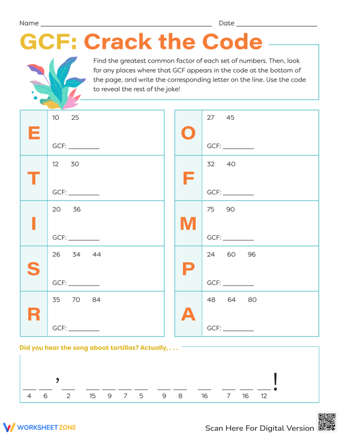 GCF Crack the Code worksheet for sixth grade math practice image 18 Sixth grade math worksheet featuring a fun code-breaking challenge for finding the greatest common factor