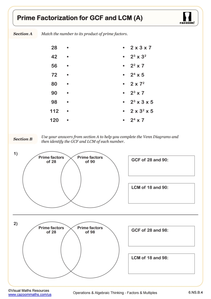 Greatest Common Factor Crack the Code worksheet for sixth grade math students number four Sixth grade students practicing math skills with a GCF code-breaking worksheet number four