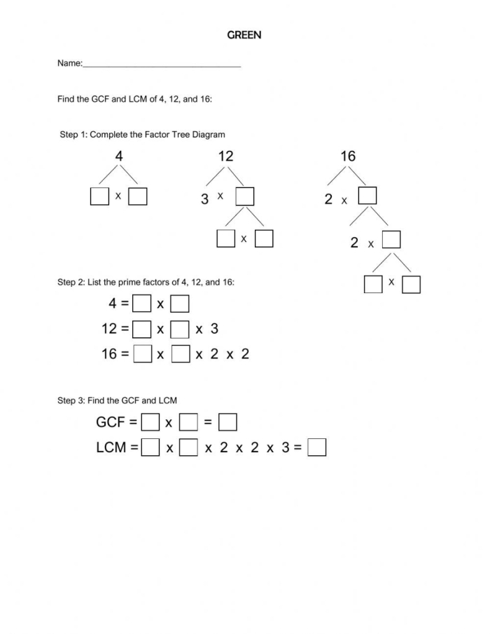 Sixth grade math worksheet featuring a fun code-breaking challenge for solving GCF and LCM problems