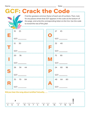Sixth grade math worksheet featuring GCF and LCM code-breaking exercises for data and graphing practice