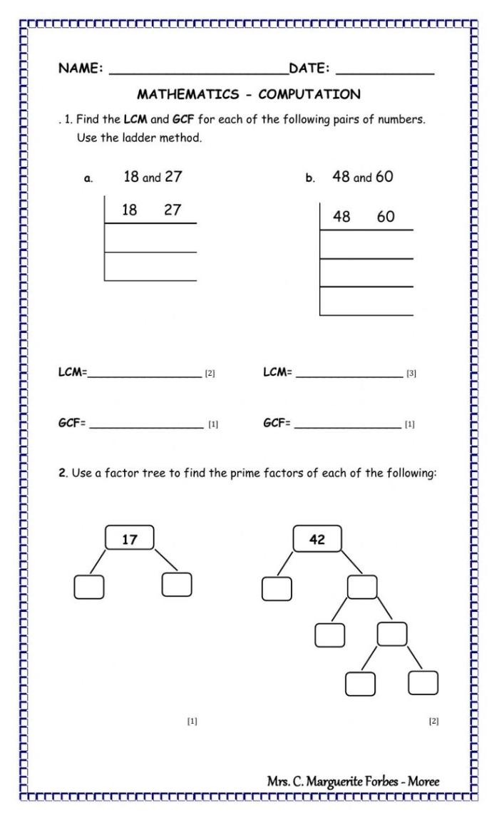 Sixth grade students solving math problems on a GCF and LCM code-breaking practice worksheet