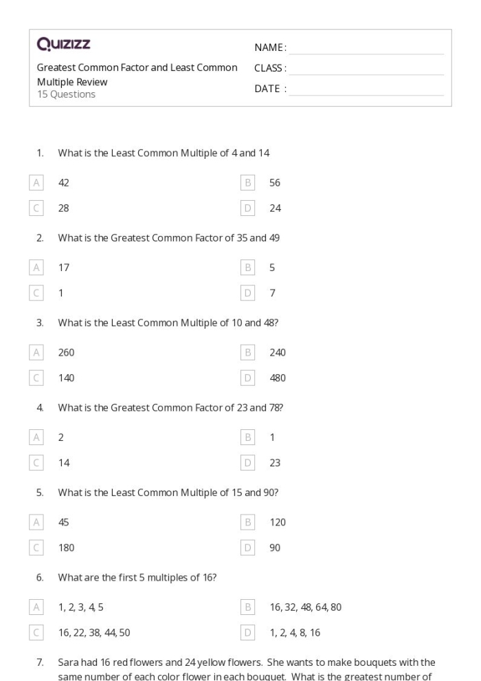 Sixth grade math students practicing GCF and LCM skills on a printable code-breaking worksheet