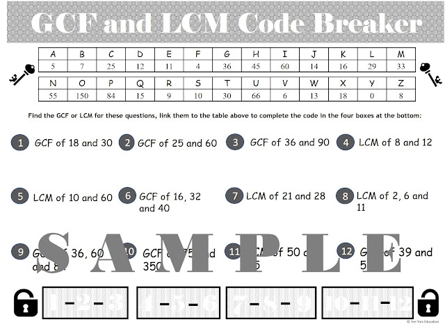 Sixth grade math worksheet featuring a code-breaking activity for GCF and LCM practice